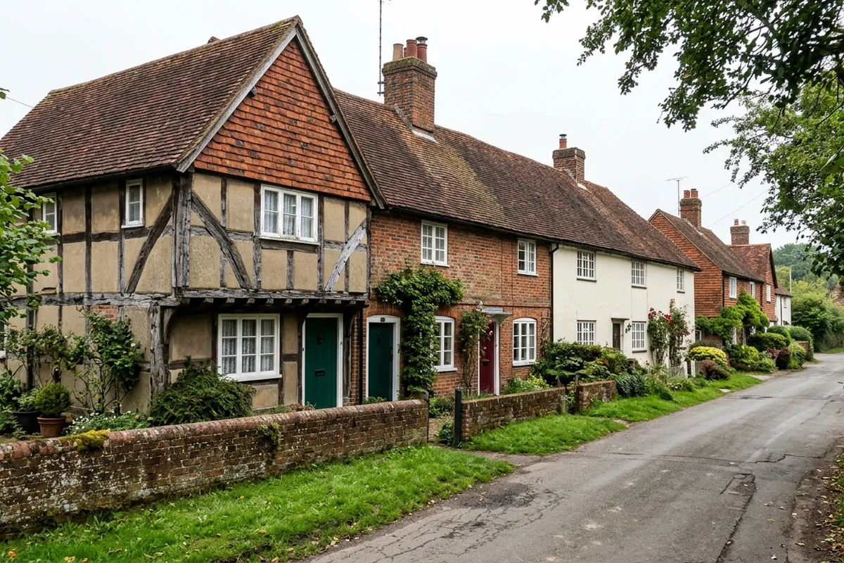 A row of old tile-hung and timber-framed cottages in Merstham village with small painted timber casement windows, seen from the lane on a bright overcast morning