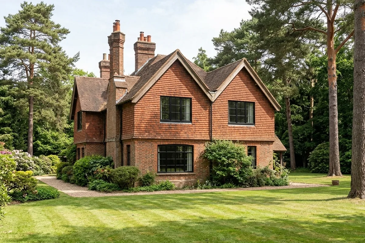 An Arts and Crafts house in Kingswood, Surrey, with tile-hung upper walls and three new black steel-look aluminium three-pane windows, among tall pines, bright daylight