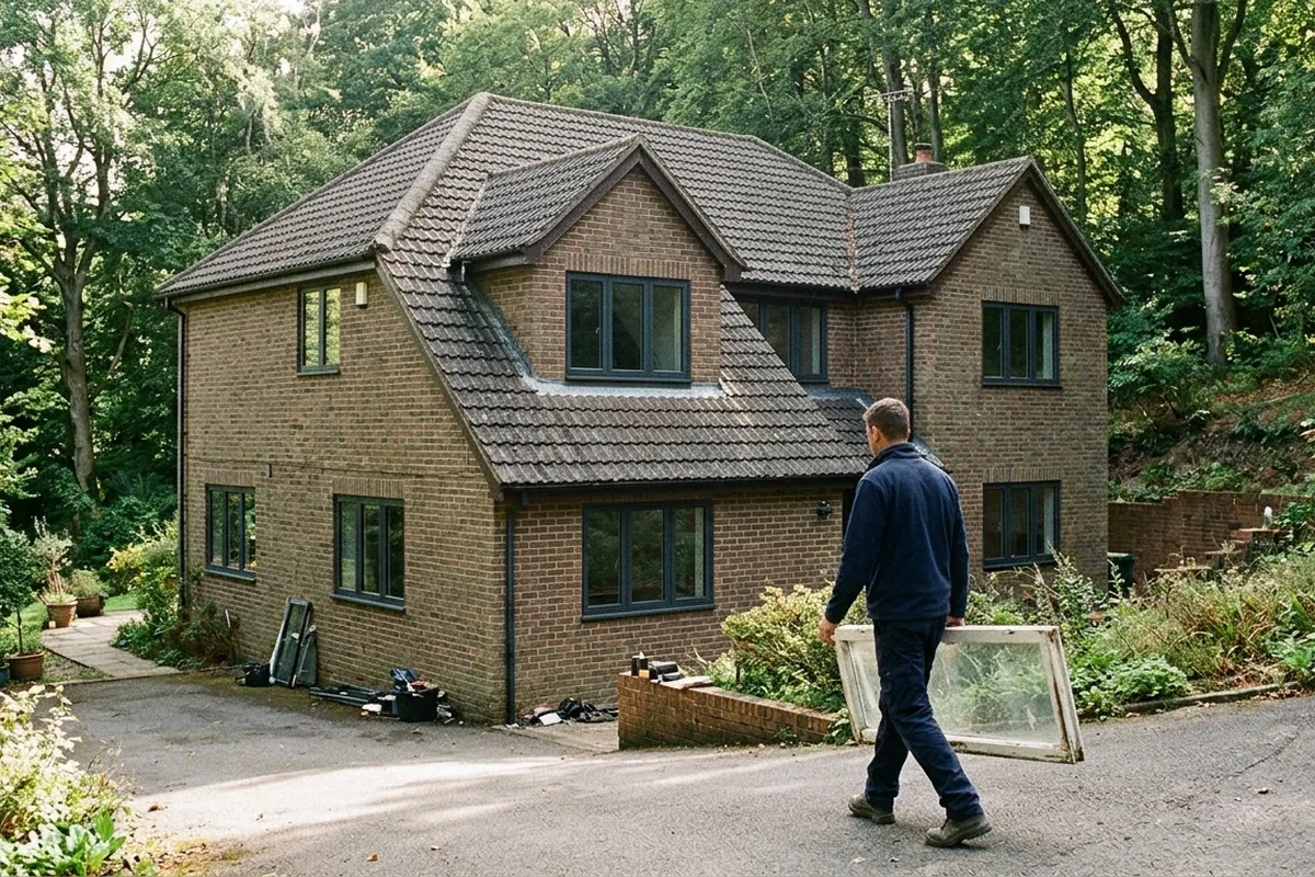 A 1980s detached brick house high on Reigate Hill with anthracite slim aluminium casement windows and a wooded slope behind