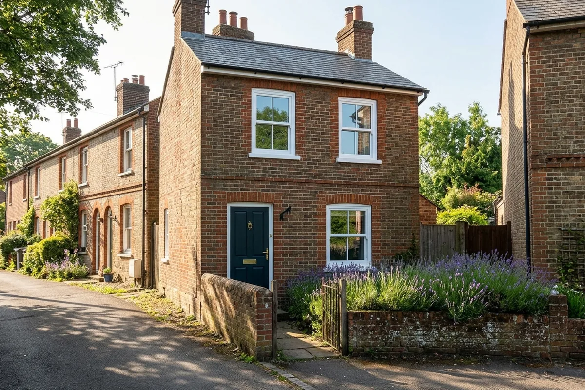 A small 1860s brick cottage in a terrace in south Reigate with three new white uPVC two-over-two sliding sash windows, two upstairs and one down, morning sun