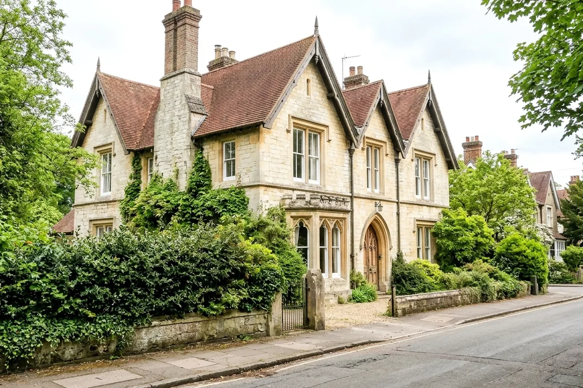 A Victorian Gothic house of pale Reigate stone with tall painted timber sash windows behind a low wall on a quiet Reigate road