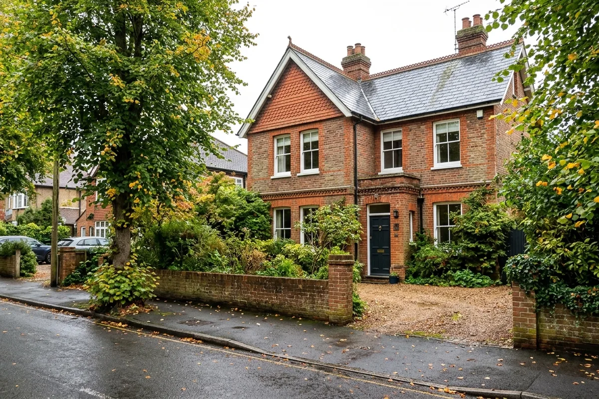 A red-brick Victorian villa on a tree-lined Reigate road with white painted sash windows, photographed from the pavement on a bright overcast day