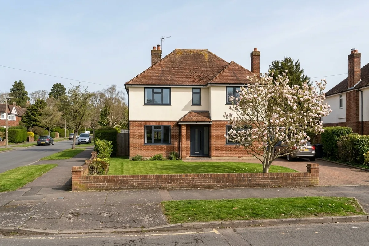 A 1930s brick and render detached house on a wide Reigate road with new anthracite grey slim aluminium casement windows, seen from the pavement in soft sunshine