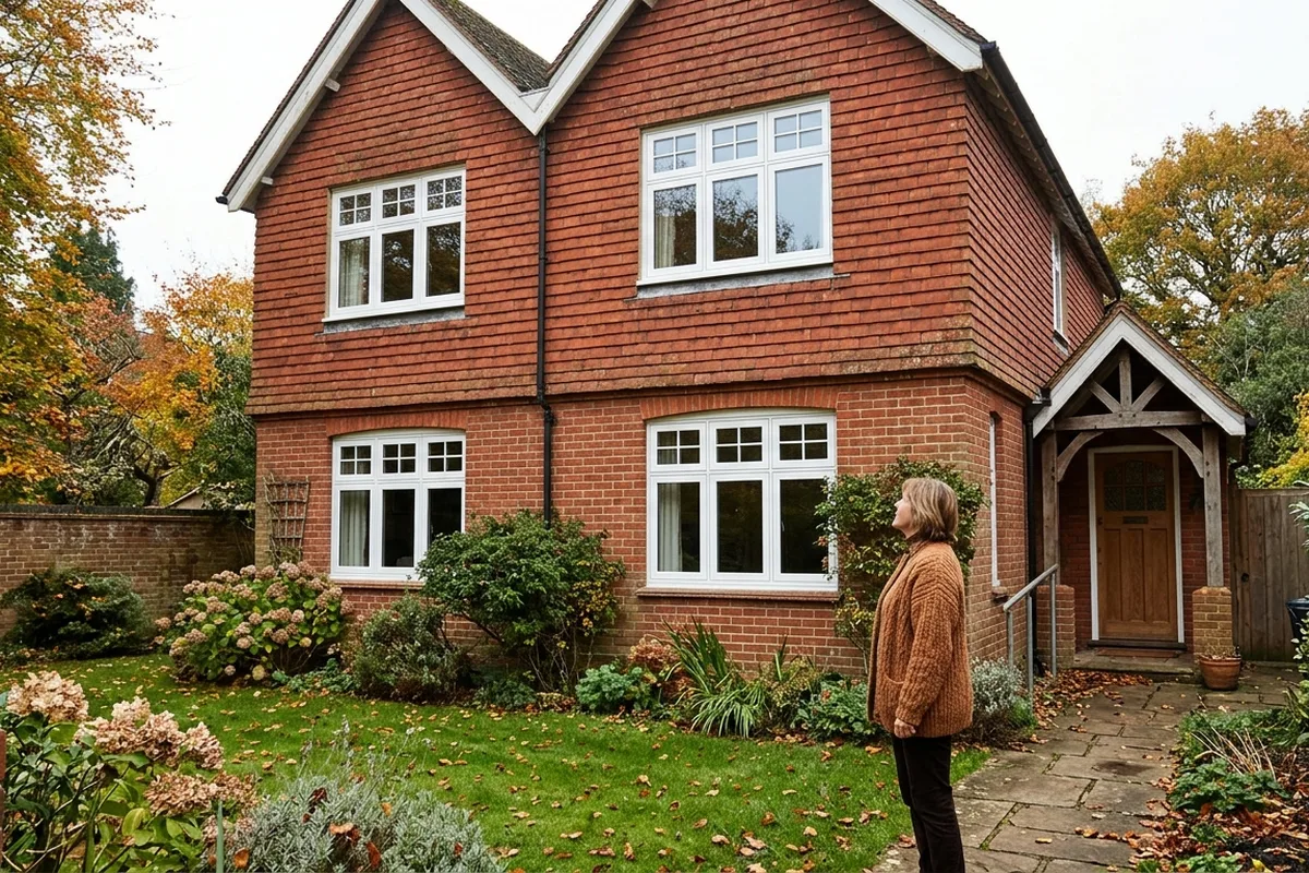 A tile-hung Edwardian house in Reigate with new white uPVC flush casement windows divided by slim glazing bars; the owner stands on the garden path looking up at them in autumn light