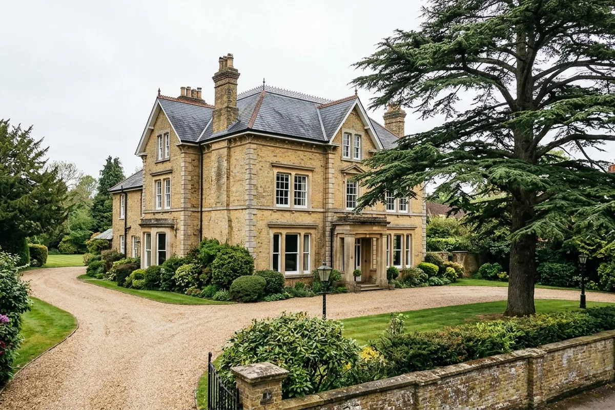 A large Victorian villa near Wray Common in Reigate with freshly painted white timber box sash windows, photographed across the front garden on a bright overcast day