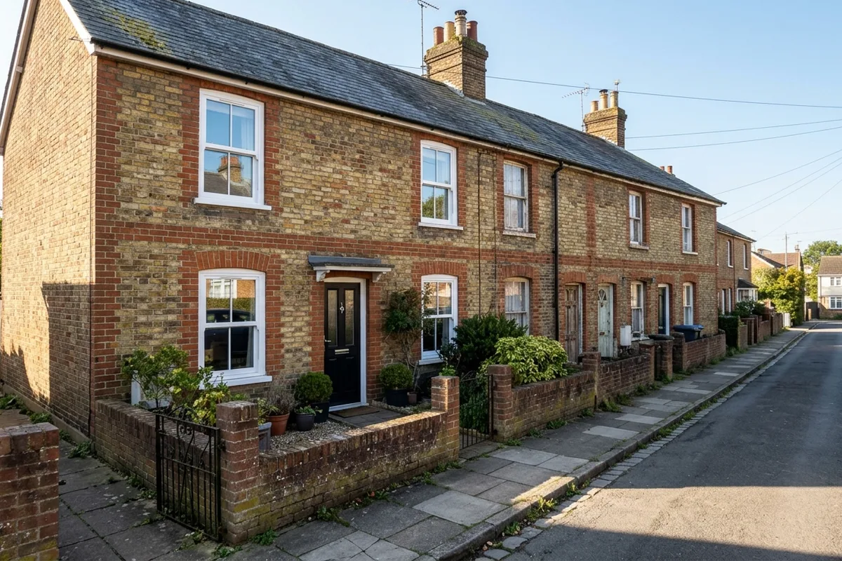 A row of Victorian brick cottages in south Reigate with new white uPVC vertical sliding sash windows in two-over-two pattern, seen from the pavement in morning sun